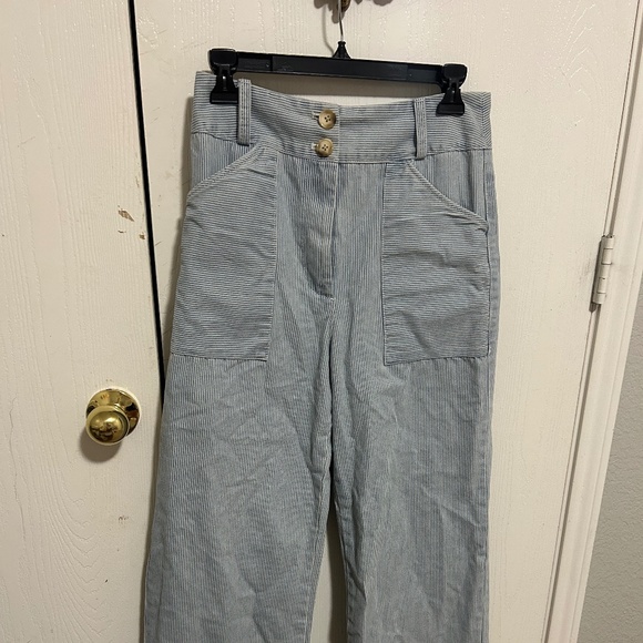 SELF CONTRAST BLUE AND WHITE PINSTRIPE FRONT POCKET WIDE LEG JEANS - Picture 3 of 3